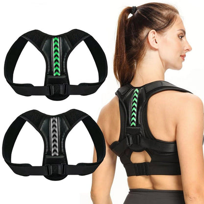 Correcteur de posture ergonomique noir avec bandes réfléchissantes vertes pour le soutien du dos et des épaules.