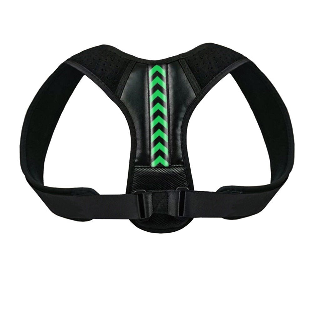 Correcteur de posture noir avec bande verte, soutien dorsal efficace pour homme et femme.