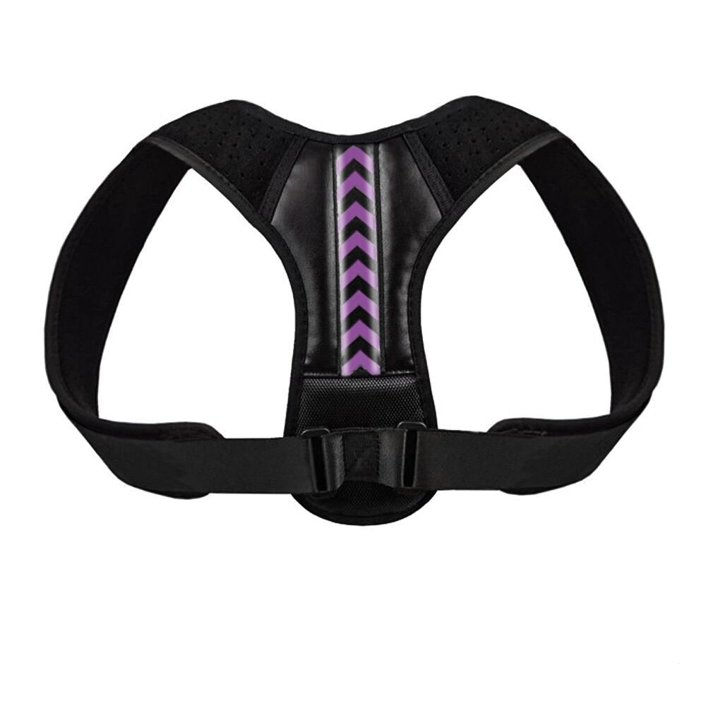 Correcteur de posture noir avec bande violette, design respirant et ajustable pour améliorer la posture.