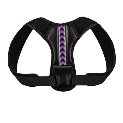 Correcteur de posture noir avec bande violette, design respirant et ajustable pour améliorer la posture.
